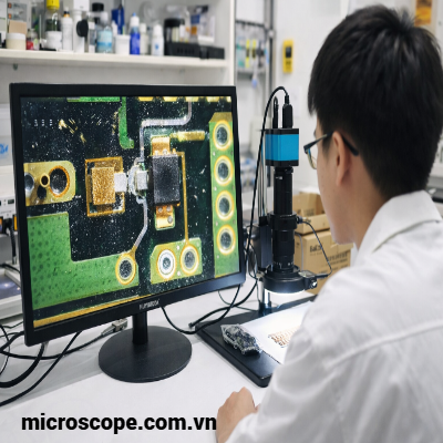 Hình ảnh sinh viên đang sử dụng kính hiển vi điện tử trong nghiên cứu